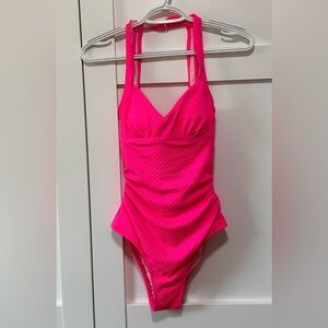 Cupshe Pink Textured One Piece Swimsuit XS Cutout Back Halter NWT